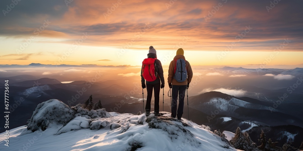 Couple man and woman hikers on top of a mountain with snow at sunset or sunrise, together enjoying their climbing success and the breathtaking view, looking towards the horizon Couple man and woman hikers on top of a mountain with snow at sunset or sunrise, together enjoying their climbing success and the breathtaking view, looking towards the horizon