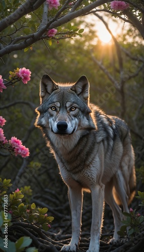 Wolf Among Spring Flowers at Sunset