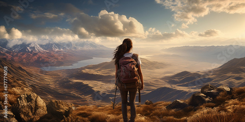 Rear view of a female hiker with a backpack looking out over a mountainous landscape
