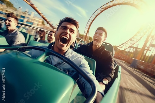 young men playing Roller Coaster at amusement park
