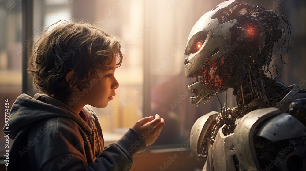 A child playing joyfully with their robot companion, the harmonious connection between humans and AI-powered friends A child playing joyfully with their robot companion, the harmonious connection between humans and AI-powered friends
