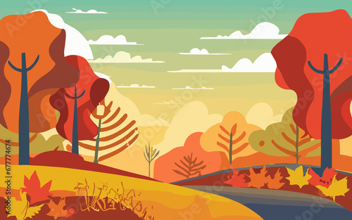 Vector illustration in flat linear style - autumn background - landscape illustration with plants