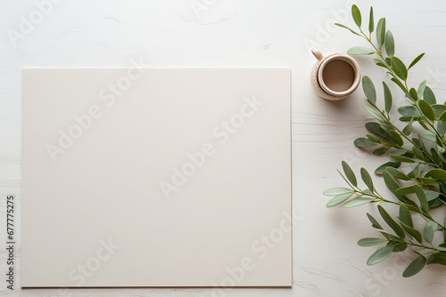 flat lay background image of blank desk with coffee and plant, wallpaper, greenery, minimalistic, desktop, workspace, work, interior design