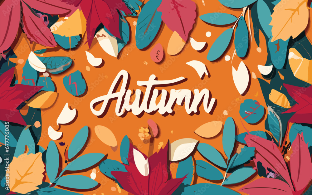 Seamless pattern with hand drawn cute colorful leaves. Autumn leaf border. Thanksgiving and Harvest Day.