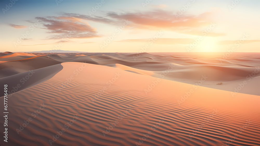Beautiful sunrise with sand dunes in the desert. Created with the help of AI.