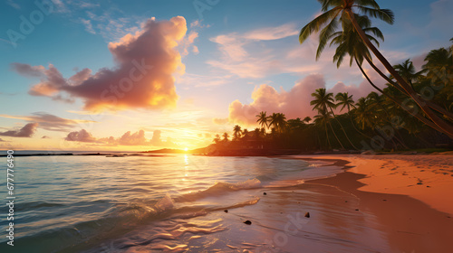 Morning sun rising over a paradisiacal island's beach, adorned with palms and sea waves, crafted by artificial intelligence. © Pierre
