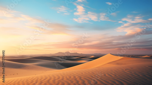 Gorgeous dawn breaking over desert sand dunes, produced using artificial intelligence.