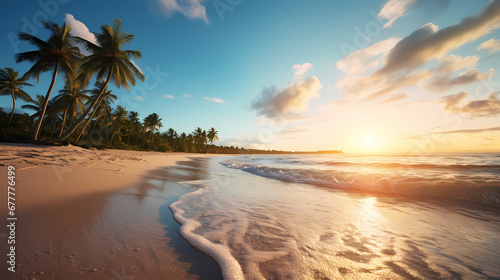Dawn breaking on a tropical island beach, complete with palm trees and ocean waves, designed using AI.