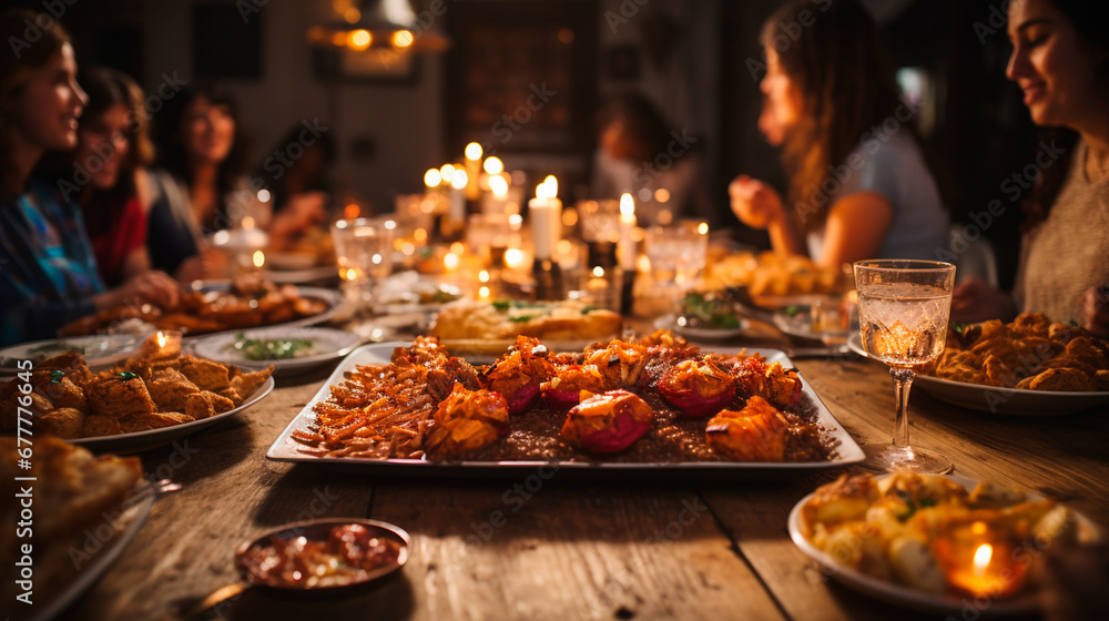 Festive Hanukkah Feast: Traditional Dinner Table Adorned with Holiday Delicacies. Generative AI.