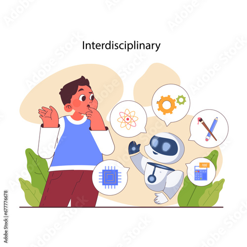 STEAM education. Schoolers gaining knowledge about technologies, science, mathematics and art. Diverse kids learning programming and engineering. Flat vector illustration