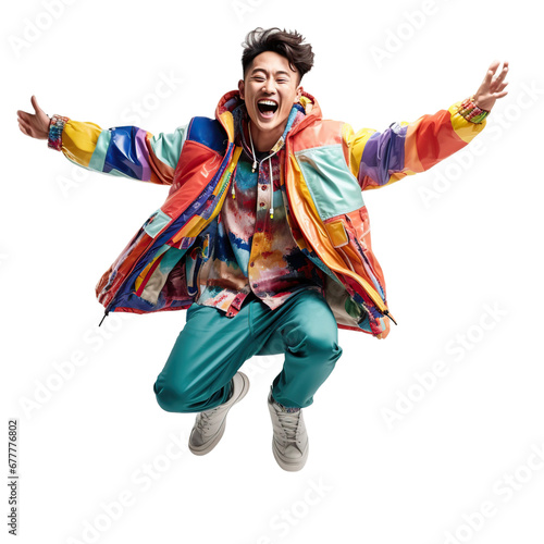 Asian young man dancing or jumping, isolated on white or transparent background.