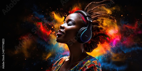 African woman wearing headphones, enjoying music flow, feeling emotions in vibrant color vibes, colorful dynamic sound waves and abstract digital light effects covering her hair, black background