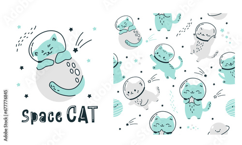 Vector set for printing on children's products. Seamless pattern and print for printing. An astronaut cat hugs the moon and sleeps on it. Space cat inscription. Vector illustration