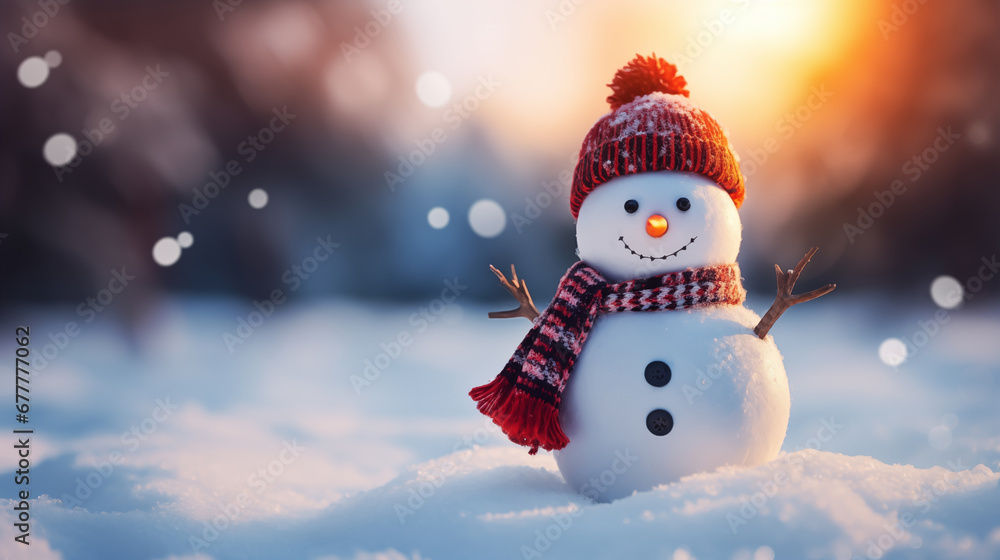 Little Frosty Or Snowman Wearing Red Hat And Scarf In Winter Snow Falling. Christmas Evening. Copy Space For Text. Background New Year Eve Magic Concept. Postcard Or Mockup. Ai Generated Image