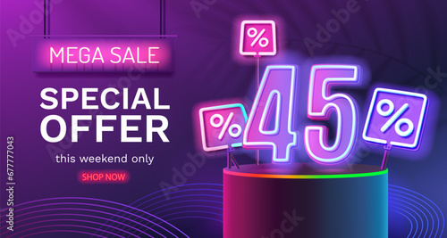 Save offer, 45 off sale banner. Sign board promotion. Vector illustration