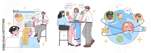 Workplace set. Colleagues analyzing data, casual conversation over coffee, global connectivity and remote team. Employee interactions, worldwide communication. Flat vector illustration.