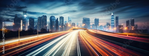 High speed urban traffic on a city highway during evening rush hour, car headlights and busy night transport captured by motion blur lighting effect and abstract long exposure photo