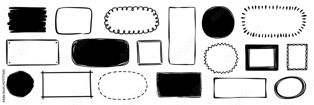 Hand drawn doodle frame set. Box, square, rectangle, circle shape brush pen line stroke scribble element. Hand drawn simple oval, square frame for text border. Vector illustration - obrazy, fototapety, plakaty 