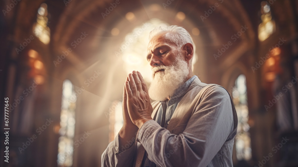 old man prayer sitting in church. man praying for god in the church and Jesus giving blessing. Thank you to God for great is your love. Faith in religion and belief in God. Generative ai - obrazy, fototapety, plakaty 