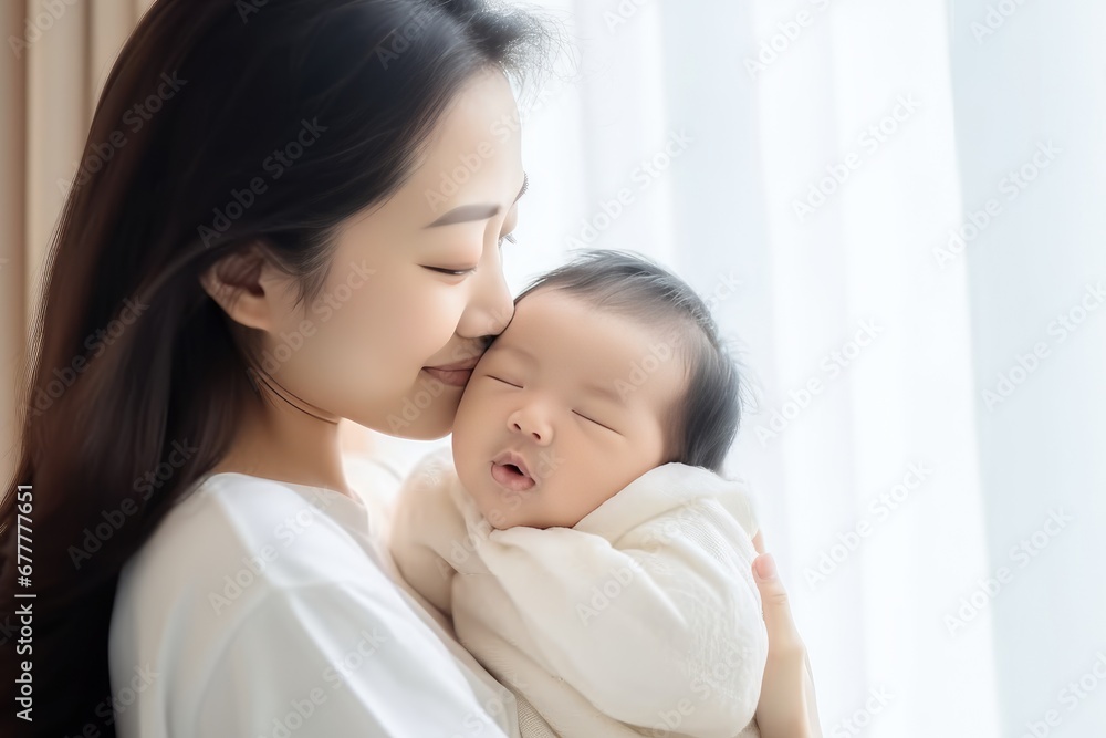 Portrait of asian young mother kissing her cute newborn baby in white bed room. Portrait of asian young mother kissing her cute newborn baby in white bed room.