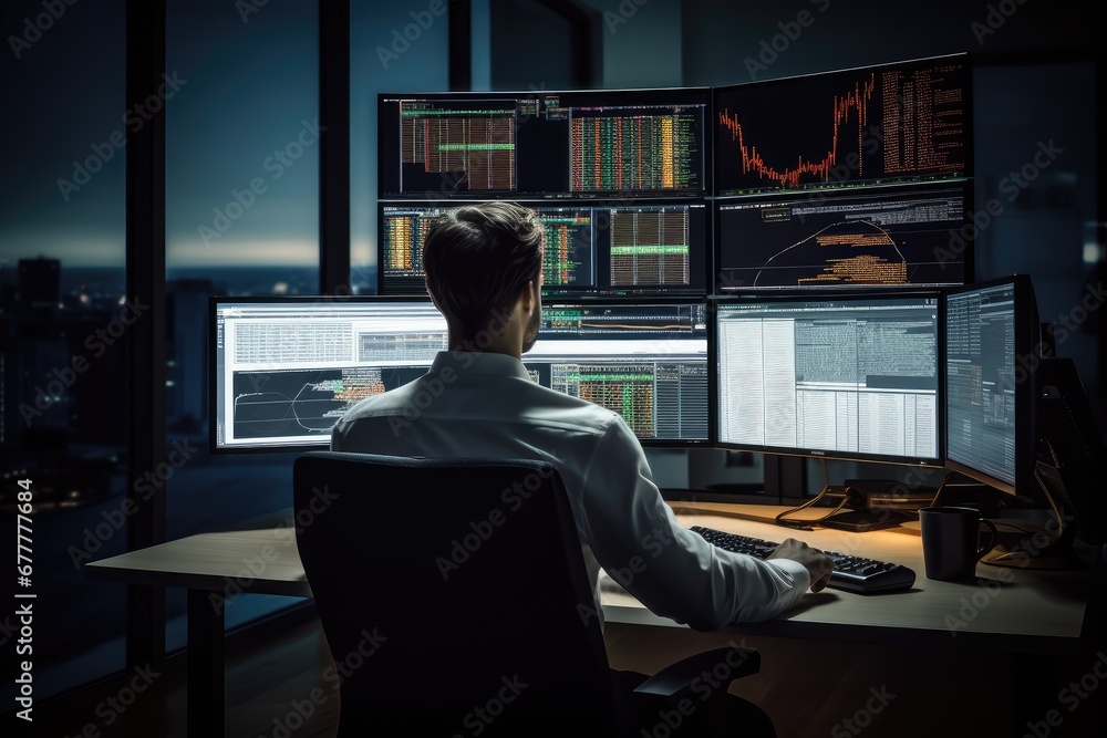 Trader Man Using Multiple Monitors while working at night. Back view. Trader Man Using Multiple Monitors while working at night. Back view.