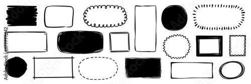 Hand drawn doodle frame set. Box, square, rectangle, circle shape brush pen line stroke scribble element. Hand drawn simple oval, square frame for text border. Vector illustration