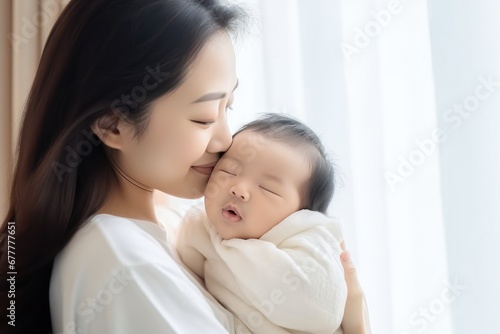 Portrait of asian young mother kissing her cute newborn baby in white bed room.