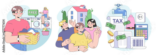 Co-living set. Friends or roommates living together. Characters hang out in dormitory or student apartment. Joint living and recreation in friends company. Flat vector illustration.