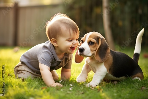 Toddler and Beagle gambol in the backyard. crawling child and puppy games on the lawn. Dog and kid friendship.