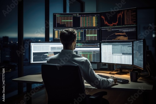 Stock Trader Man Using Multiple Monitors while working at night. Back view. photo