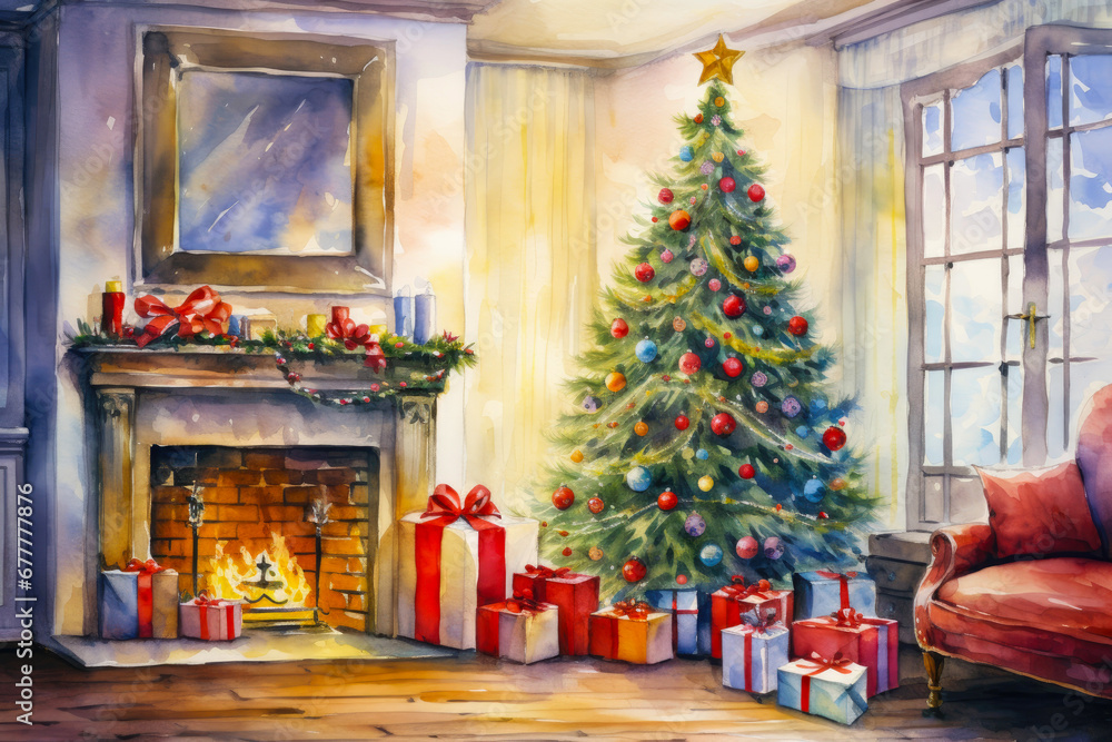 Watercolour Christmas gifts by the Christmas tree near the fireplace in the living room of the house