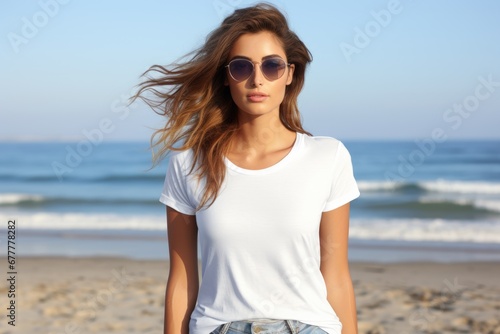 White blank t shirt mock up. Woman on the beach photo