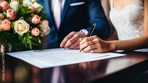 cropped shot of wedding couple signing contract at table with wedding bouquet photo
