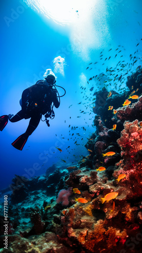 Scuba diver on a colorful tropical coral reef 