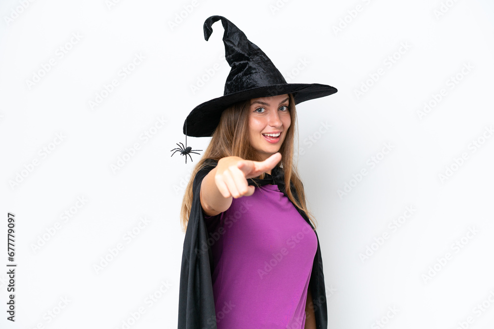 Young caucasian woman costume as witch isolated on white background with thumbs up because something good has happened Young caucasian woman costume as witch isolated on white background with thumbs up because something good has happened
