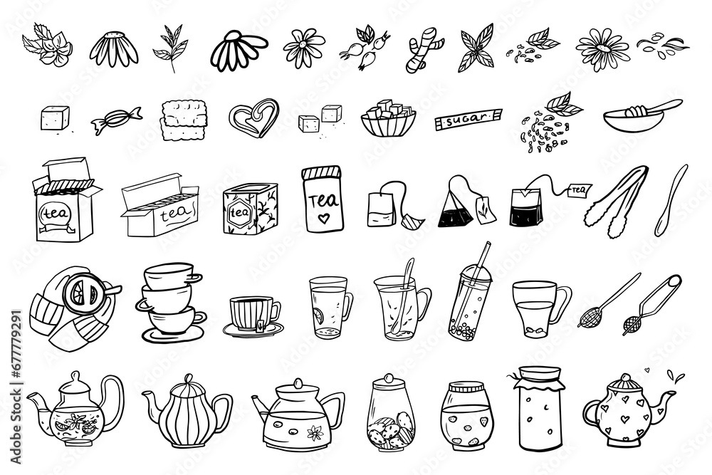 Big set of tea theme elements in doodle style. I love tea, tea time. Hand drawn. Cute vector illustration EPS10. Isolated on white background