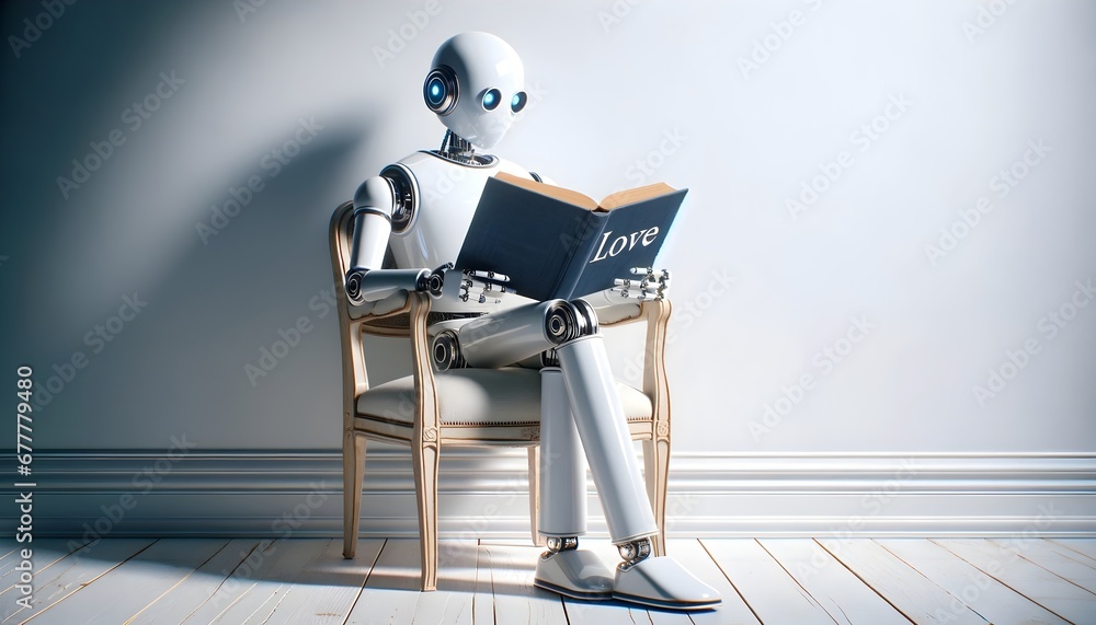 Robot humanoid sitting on vintage chair in empty room and reading a book about love, artificial intelligence concept