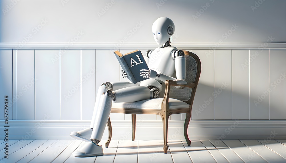 Robot humanoid sitting on vintage chair in empty room and reading a book about Ai, artificial intelligence concept