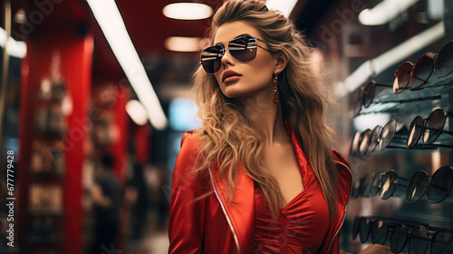 A woman chooses sunglasses in the optics salon. photo