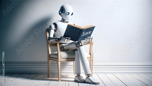 Robot humanoid sitting on vintage chair in empty room and reading a book about love, artificial intelligence concept