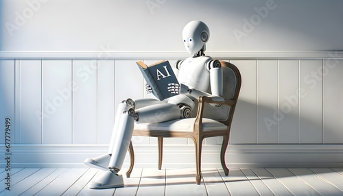 Obraz na płótnie Robot humanoid sitting on vintage chair in empty room and reading a book about Ai, artificial intelligence concept w salonie