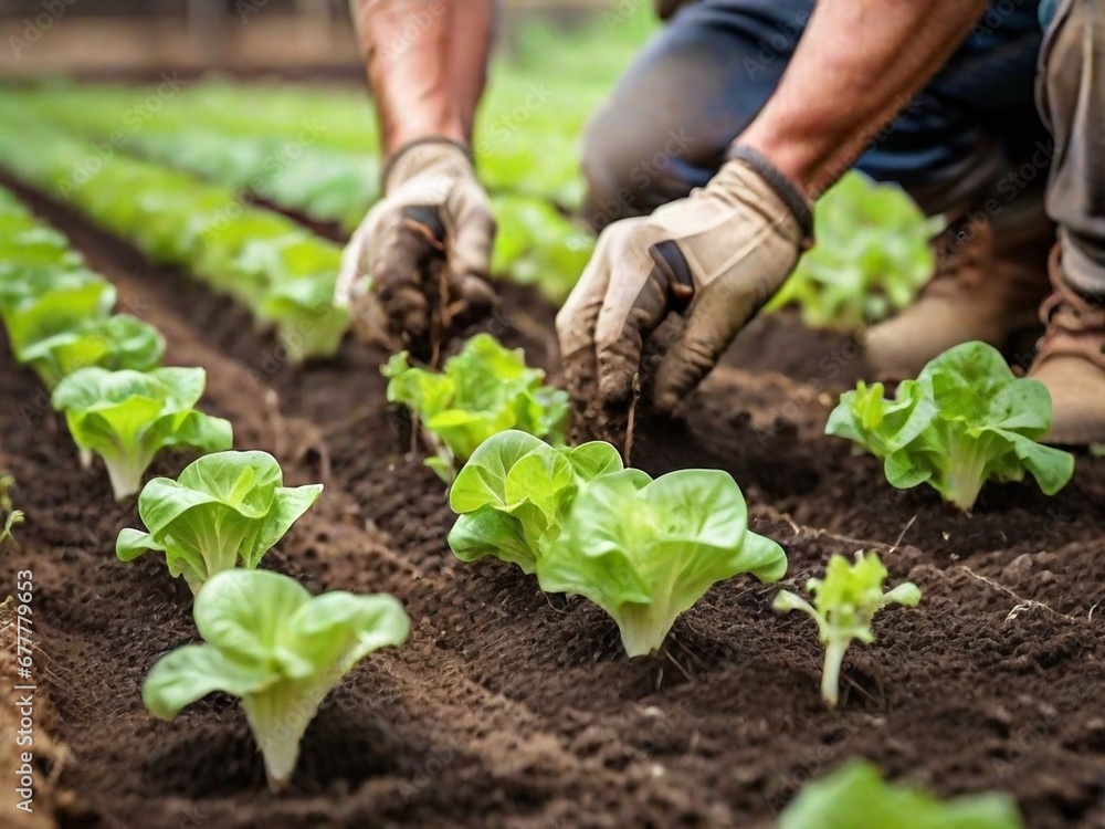 Farmer's Hand Planting Young Lettuce Seedlings in Vegetable