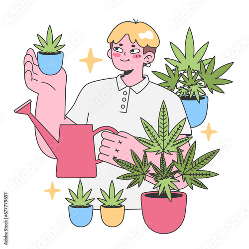 Urban gardening concept. Cheerful man nurtures cannabis plants with a watering can. Home cultivation and hobby. Flat vector illustration.