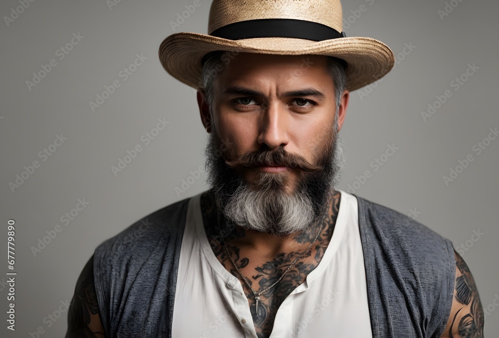 Closeup portrait of stylish elderly handsome man with grey beard and straw hat Closeup portrait of stylish elderly handsome man with grey beard and straw hat