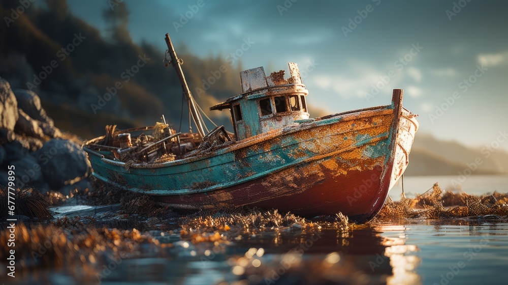 old fishing boat ai generated - obrazy, fototapety, plakaty 
