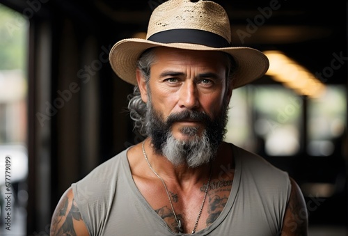 Closeup portrait of stylish elderly handsome man with grey beard and straw hat