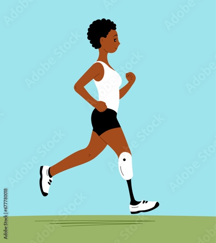 A girl athlete with a bionic prosthetic leg. Exercise running. Recovery and medical and rehabilitation. A fulfilling and happy lifestyle. Cartoon vector illustration
