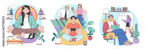 Indoor leisure moments set. Woman meditates with tea, colleagues enjoy a foosball break, man dives into a book, and a lady walks past cactus. Casual breaks at the workplace. Flat vector illustration