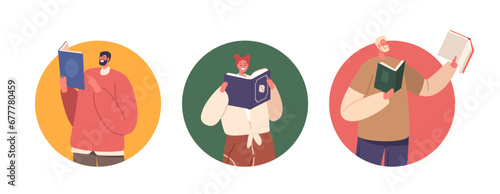 Isolated Round Icons Or Avatars With Characters Engrossed In Books, Their Worlds Expand Through Pages, Illustration