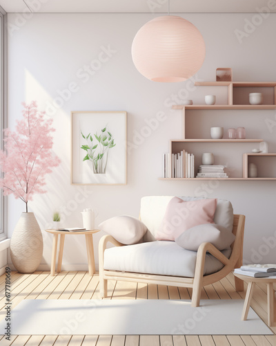 AI generated Cozy pink light home interior mock-up in pastel colors, 3d render